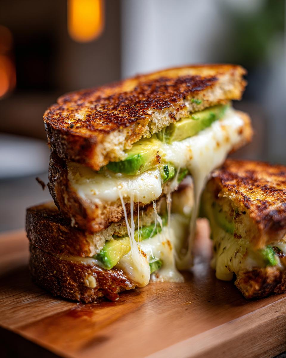 A stacked avocado mozzarella grilled cheese sandwich with melted cheese oozing out.