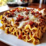 A close-up of a slice of Bacon Cheeseburger Lasagna, featuring layers of pasta, meat sauce, melted cheese, and crispy bacon.