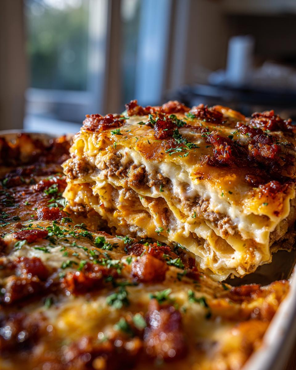 A close-up of a slice of bacon cheeseburger lasagna, showing layers of pasta, meat, and cheese, topped with bacon bits and parsley.