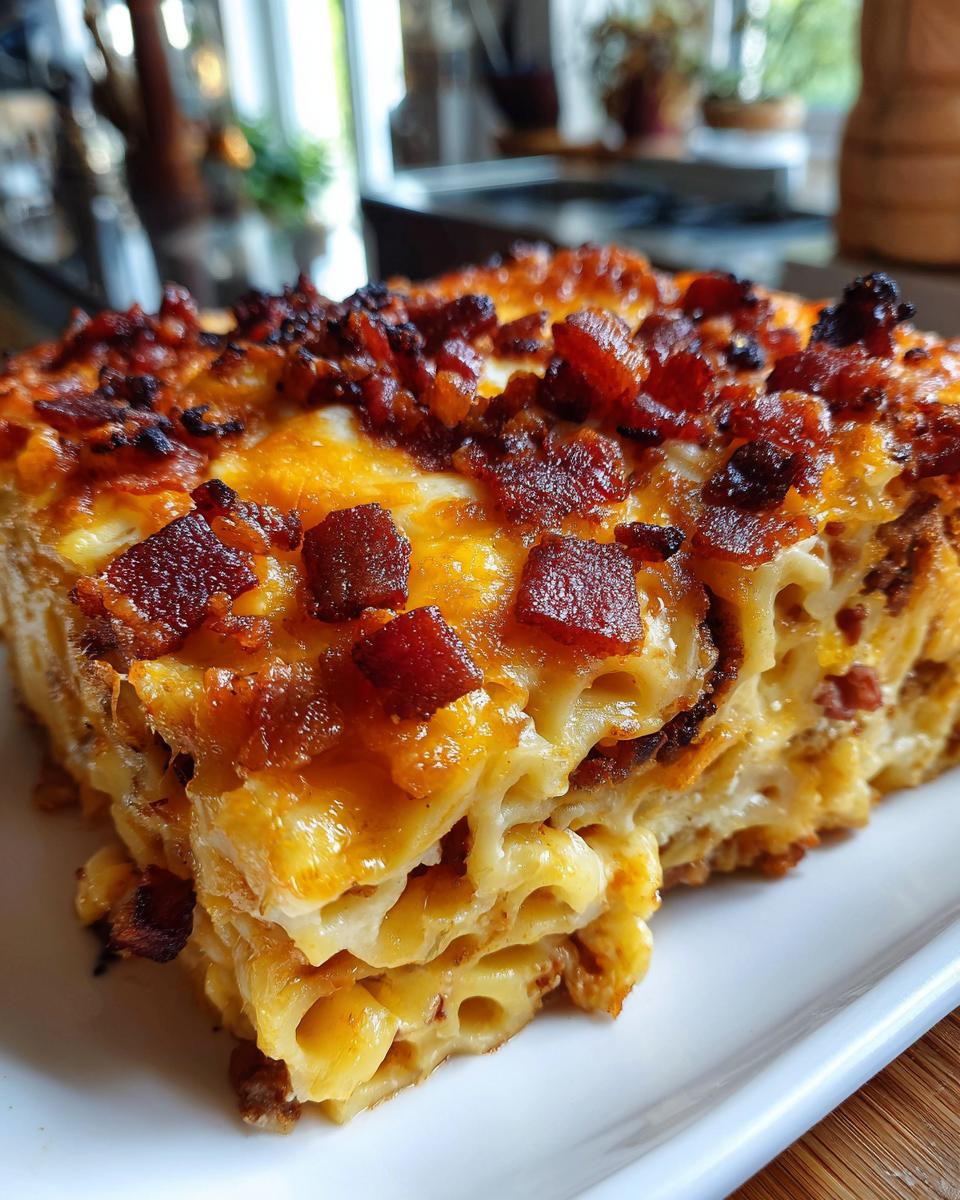 A close-up of a hearty slice of bacon cheeseburger lasagna, layered with pasta, cheese, and crispy bacon.