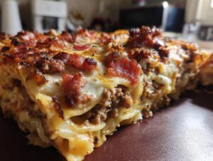 A close-up view of a delicious slice of bacon cheeseburger lasagna, showing layers of pasta, ground beef, cheese, and crispy bacon.