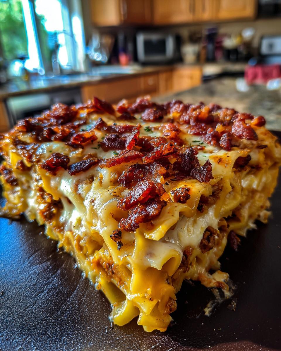 A delicious slice of bacon cheeseburger lasagna, showing layers of pasta, cheese, and ground beef, topped with crispy bacon.