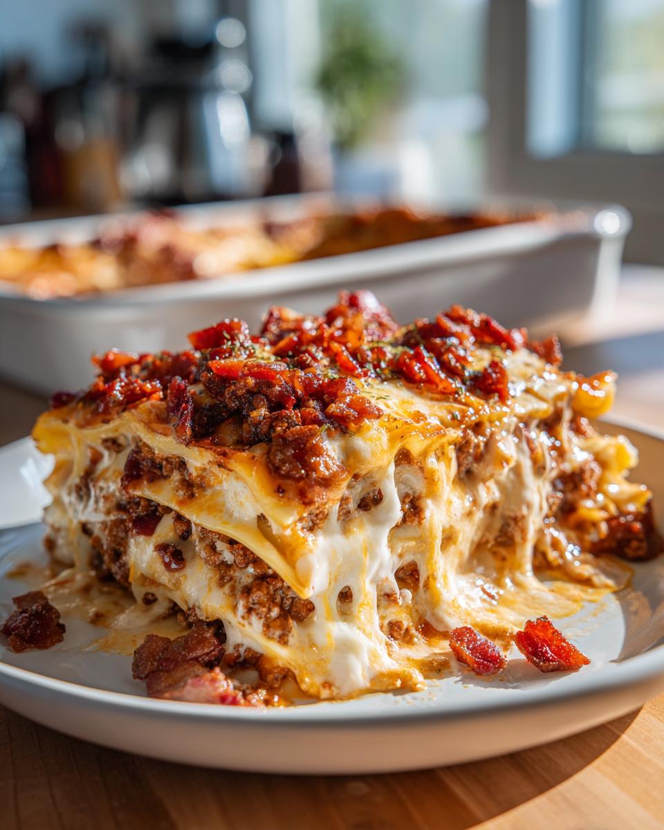 A generous slice of Bacon Cheeseburger Lasagna, showcasing layers of pasta, meat sauce, and melted cheese, topped with crispy bacon.