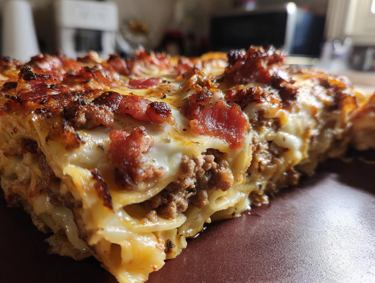A close-up view of a delicious slice of bacon cheeseburger lasagna, showing layers of pasta, ground beef, cheese, and crispy bacon.