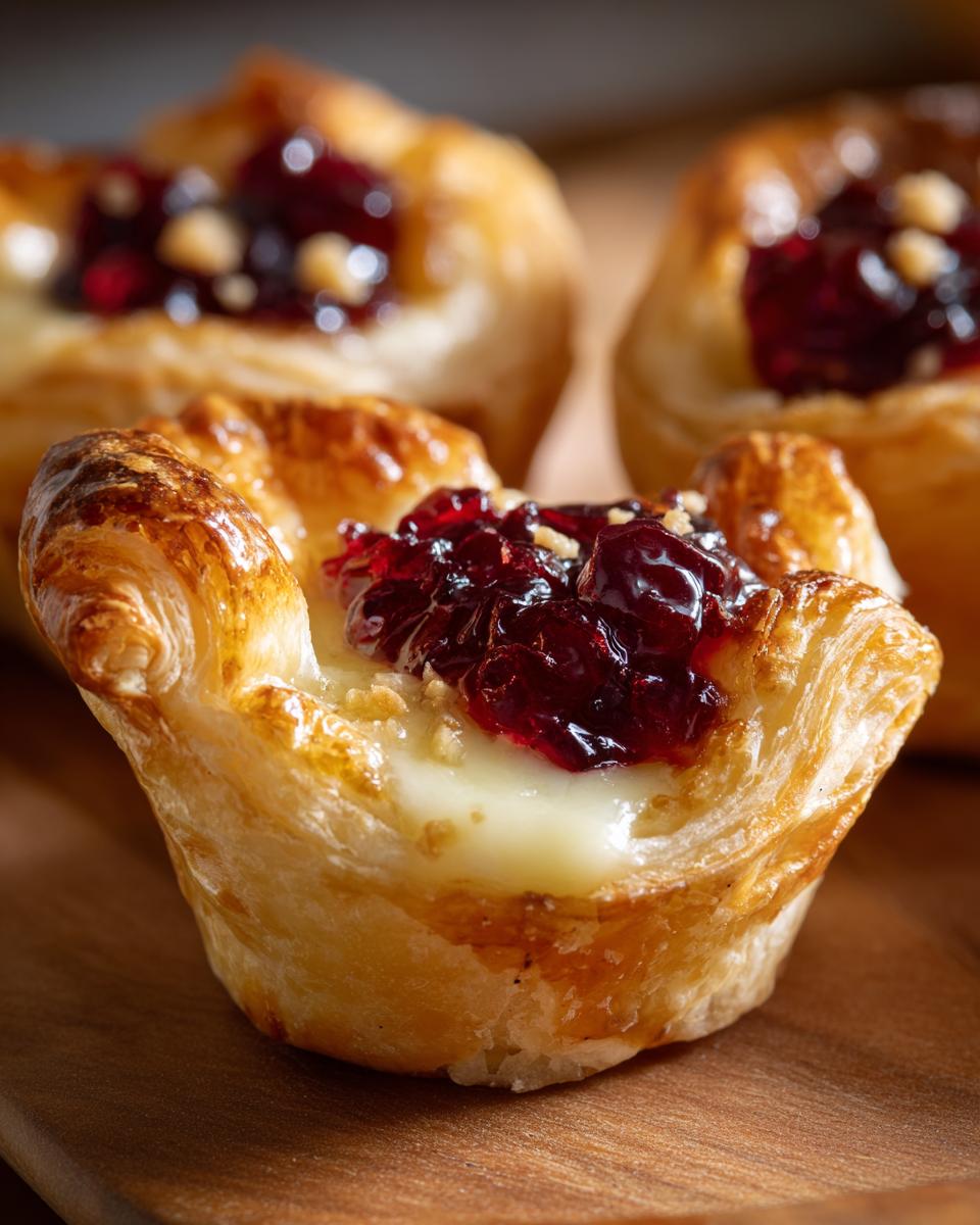 Close-up of a flaky puff pastry cup filled with melted brie cheese, topped with dark red cranberry jam and nuts, part of a batch of brie bites.