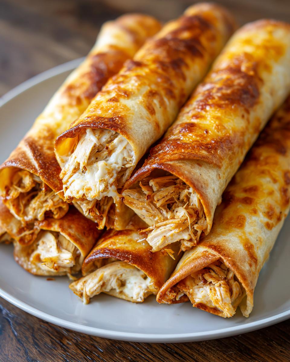 A close-up of golden brown baked chicken taquitos, showing shredded chicken and melted cheese spilling out.