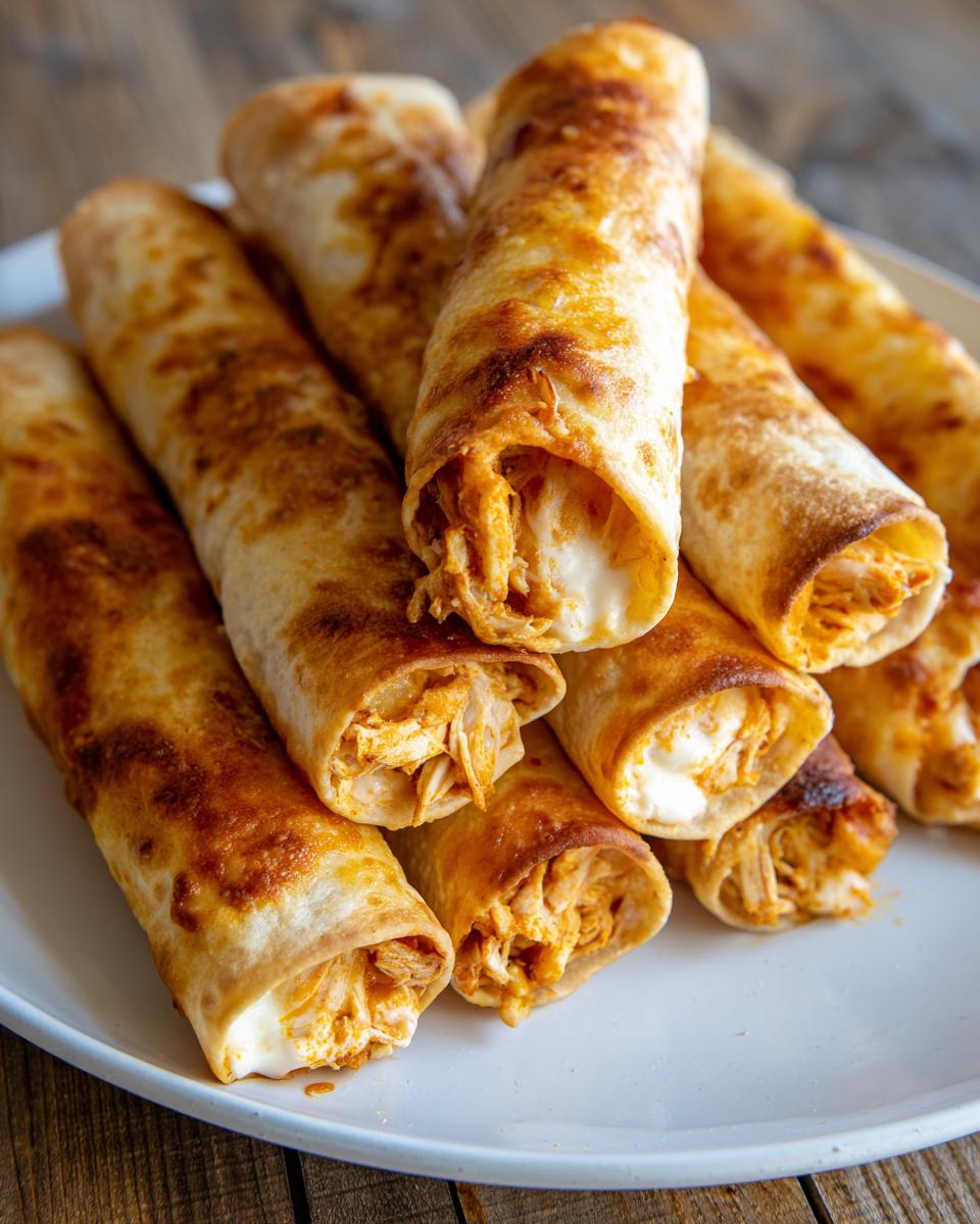 A close-up of a pile of golden-brown baked chicken taquitos filled with shredded chicken and melted cheese.
