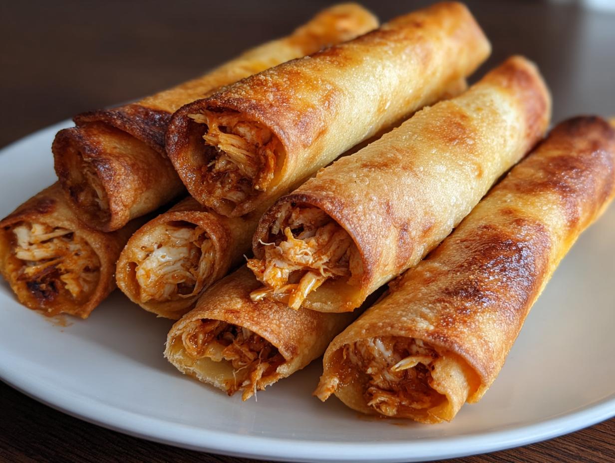 A close-up of several golden-brown baked chicken taquitos piled on a white plate, showing the shredded chicken filling.