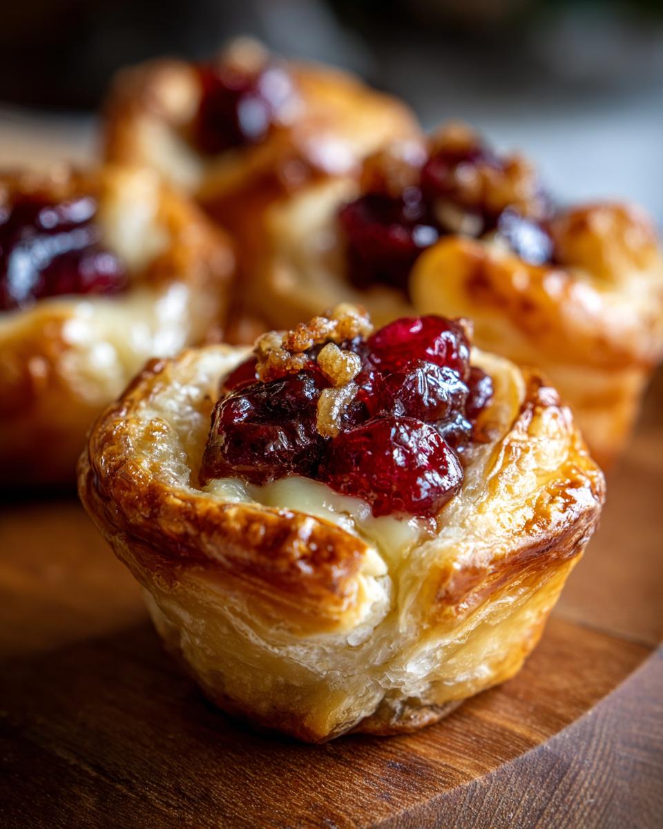 Close-up of a golden baked brie bite topped with cranberry sauce and nuts, showcasing melted brie cheese.