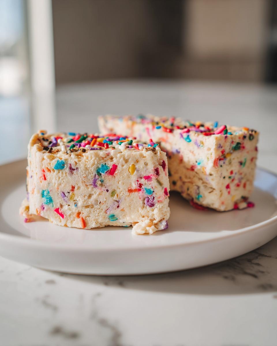 Two slices of Birthday Cake Protein Bars topped with colorful sprinkles on a white plate.