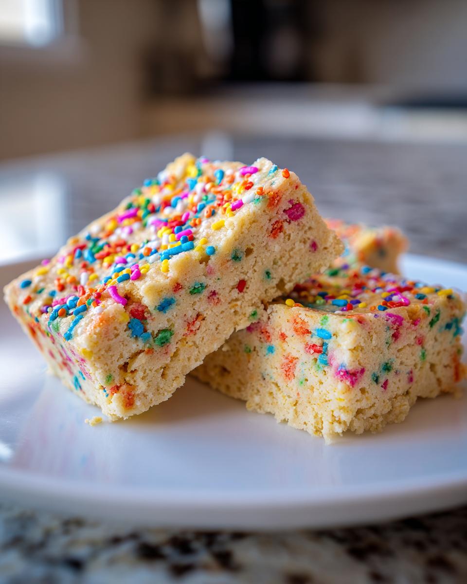 Close-up of two Birthday Cake Protein Bars topped with colorful sprinkles on a white plate.