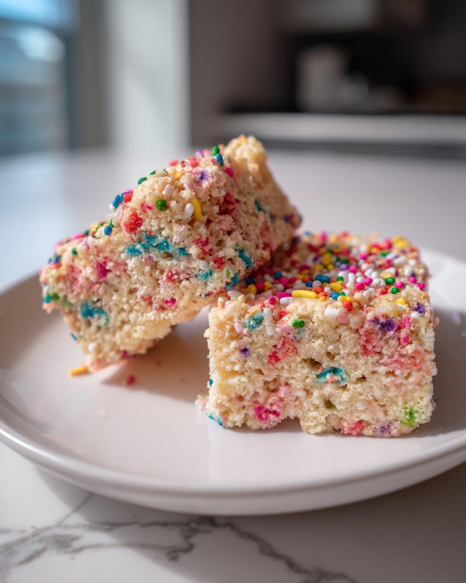 Two colorful Birthday Cake Protein Bars topped with rainbow sprinkles on a white plate.