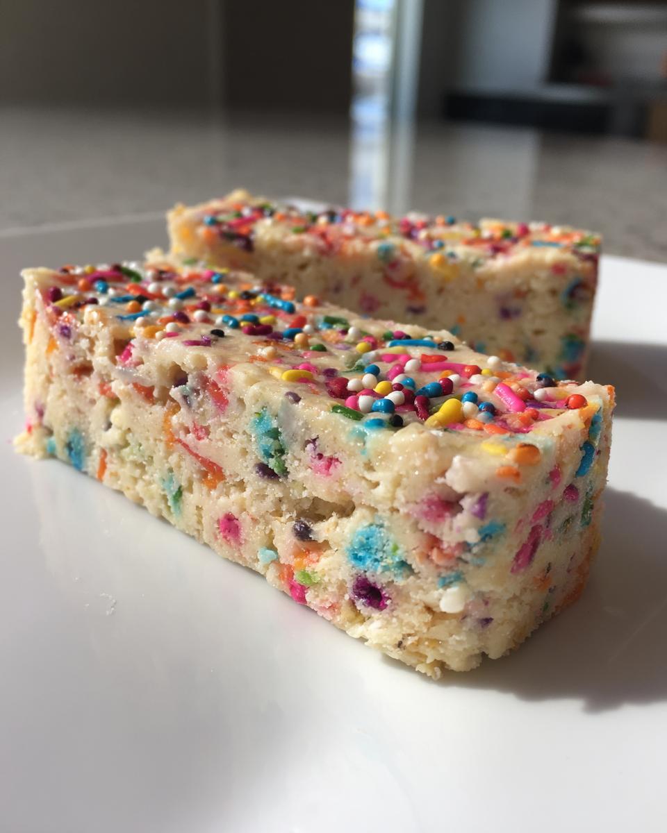 Two slices of birthday cake protein bars topped with colorful sprinkles on a white plate.