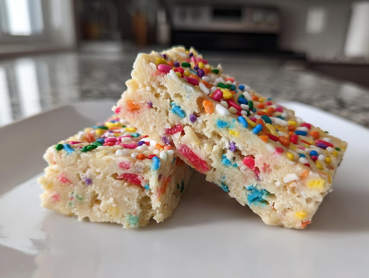 Two delicious birthday cake protein bars topped with colorful sprinkles on a white plate.