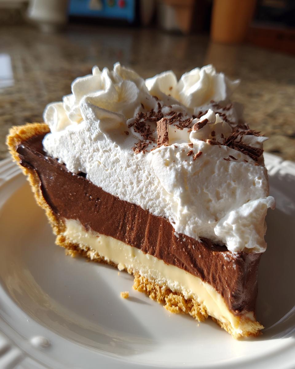 A delicious slice of black bottom pie with layers of custard, chocolate pudding, and whipped cream.