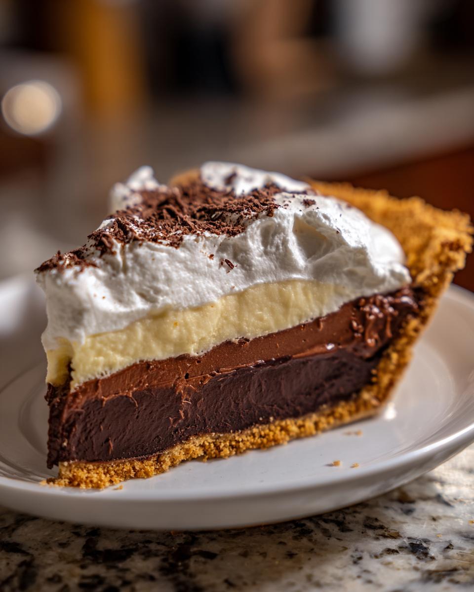 A decadent slice of black bottom pie with layers of chocolate, vanilla pudding, and whipped cream, topped with chocolate shavings.