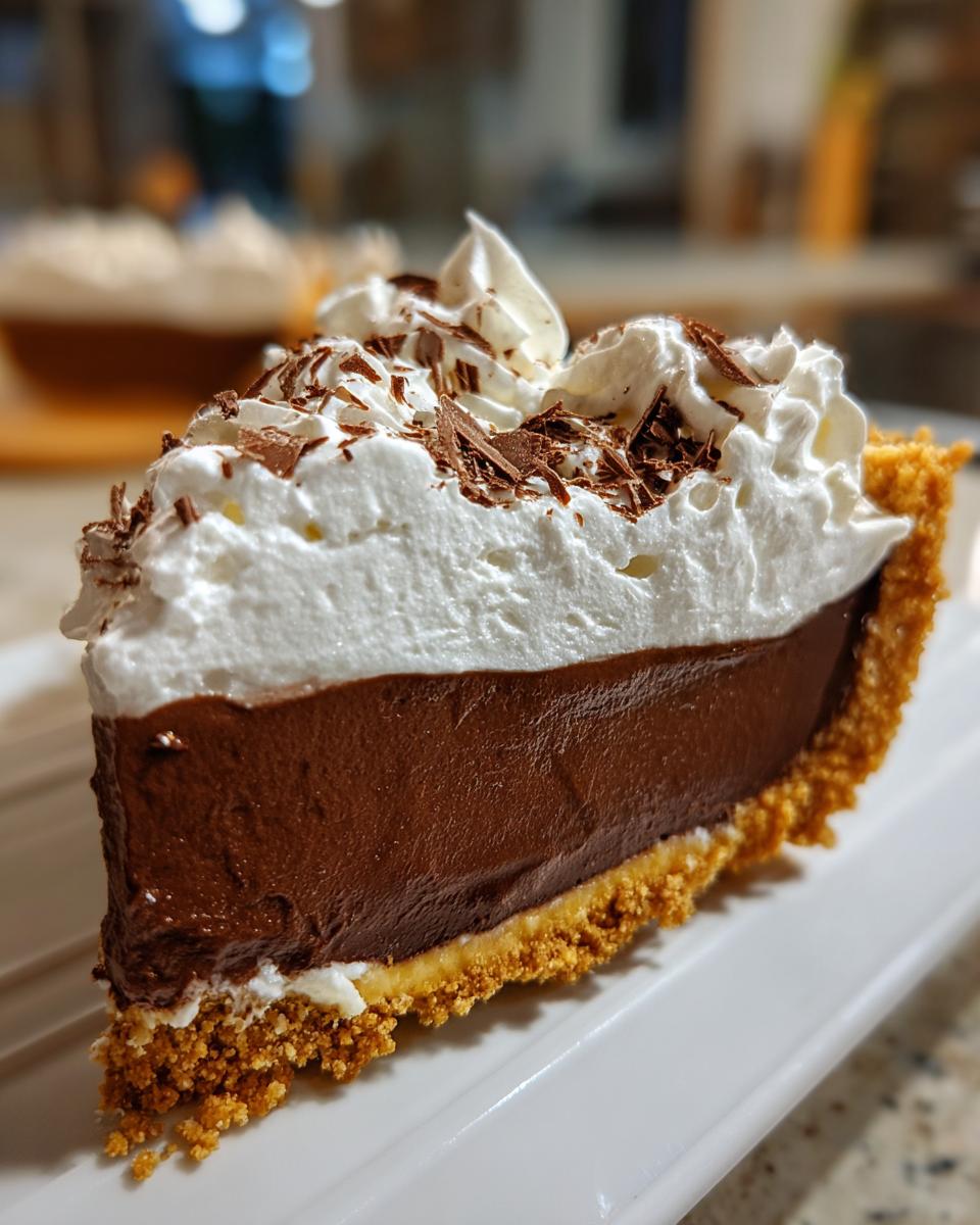 A close-up of a slice of black bottom pie, featuring a rich chocolate filling, whipped cream, and chocolate shavings.