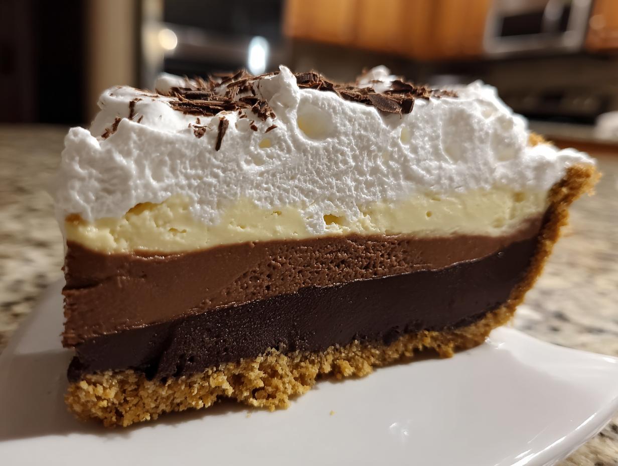 A delicious slice of black bottom pie with layers of chocolate pudding, vanilla custard, whipped cream, and chocolate shavings.