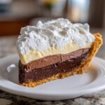 A generous slice of black bottom pie with layers of chocolate, vanilla pudding, and whipped cream on a white plate.