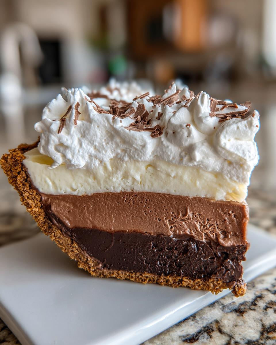 A decadent slice of black bottom pie with layers of chocolate and vanilla cream, topped with whipped cream and chocolate shavings.
