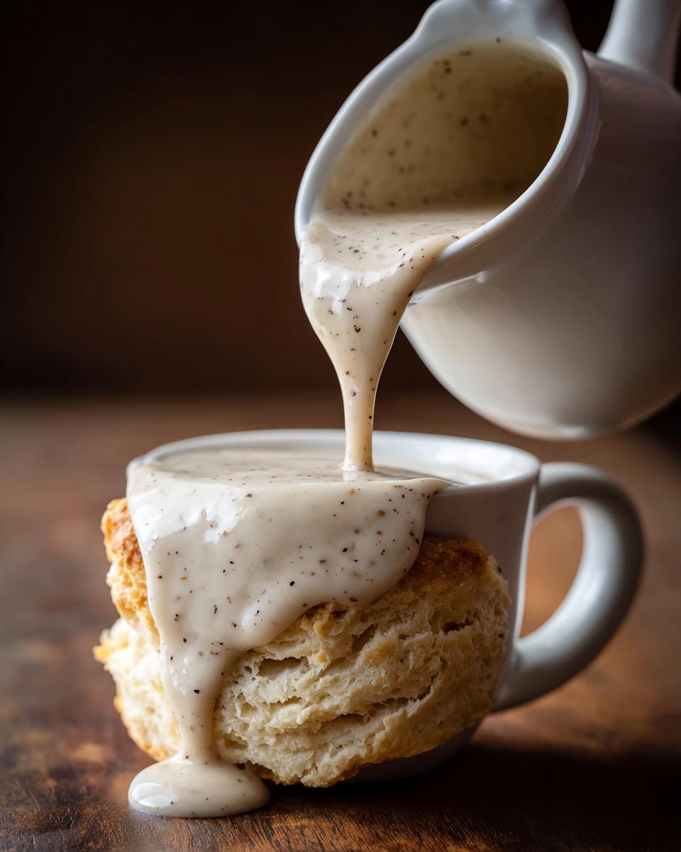A close-up of black pepper cream gravy being poured from a pitcher onto a fluffy biscuit in a mug.