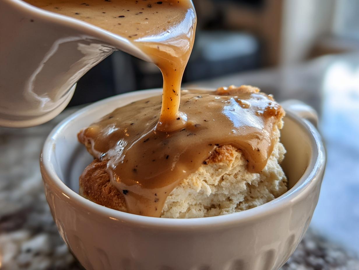 Close-up of black pepper cream gravy being poured from a white pitcher onto a fluffy biscuit in a white bowl.