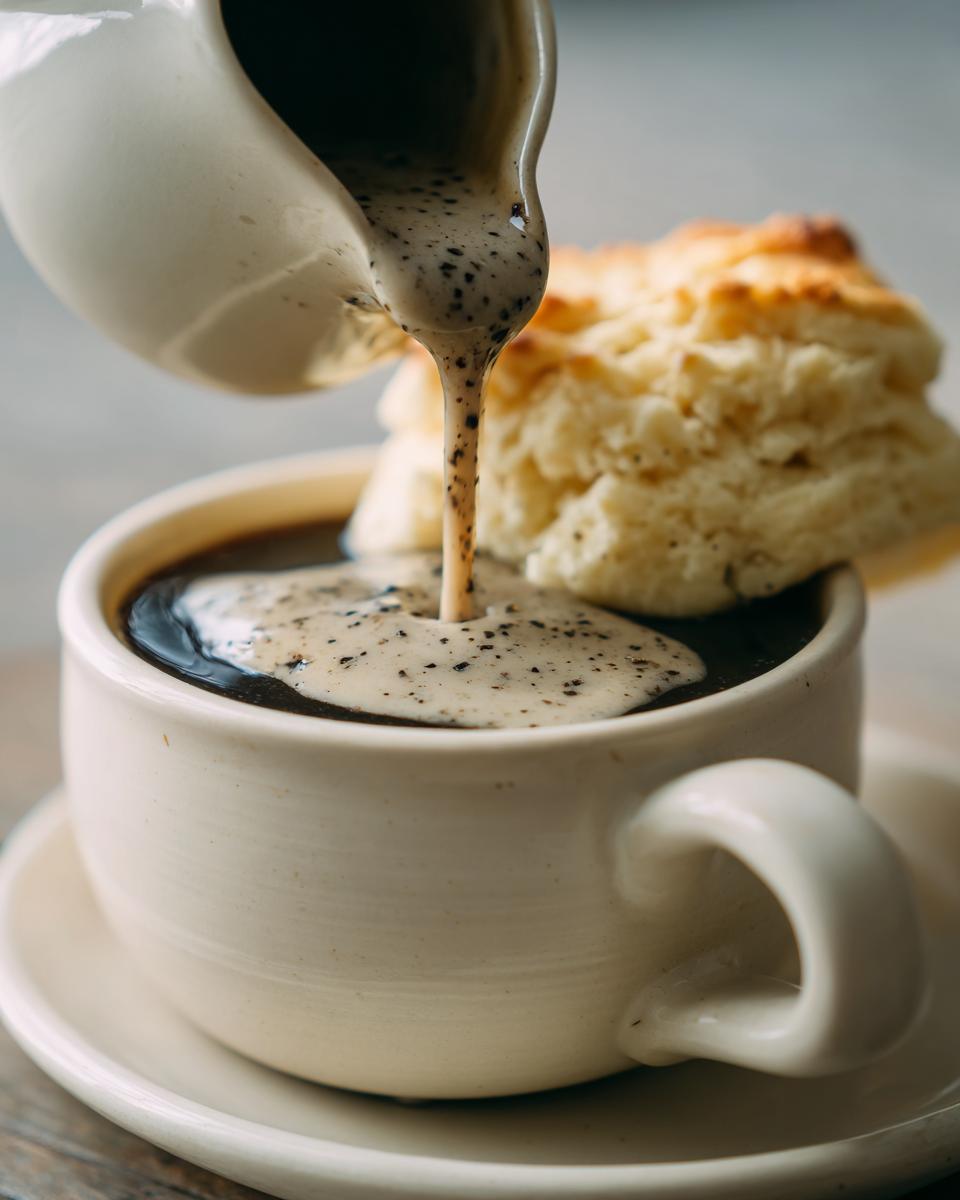 A stream of black pepper cream gravy is poured from a creamer into a cup of coffee, with a biscuit in the background.