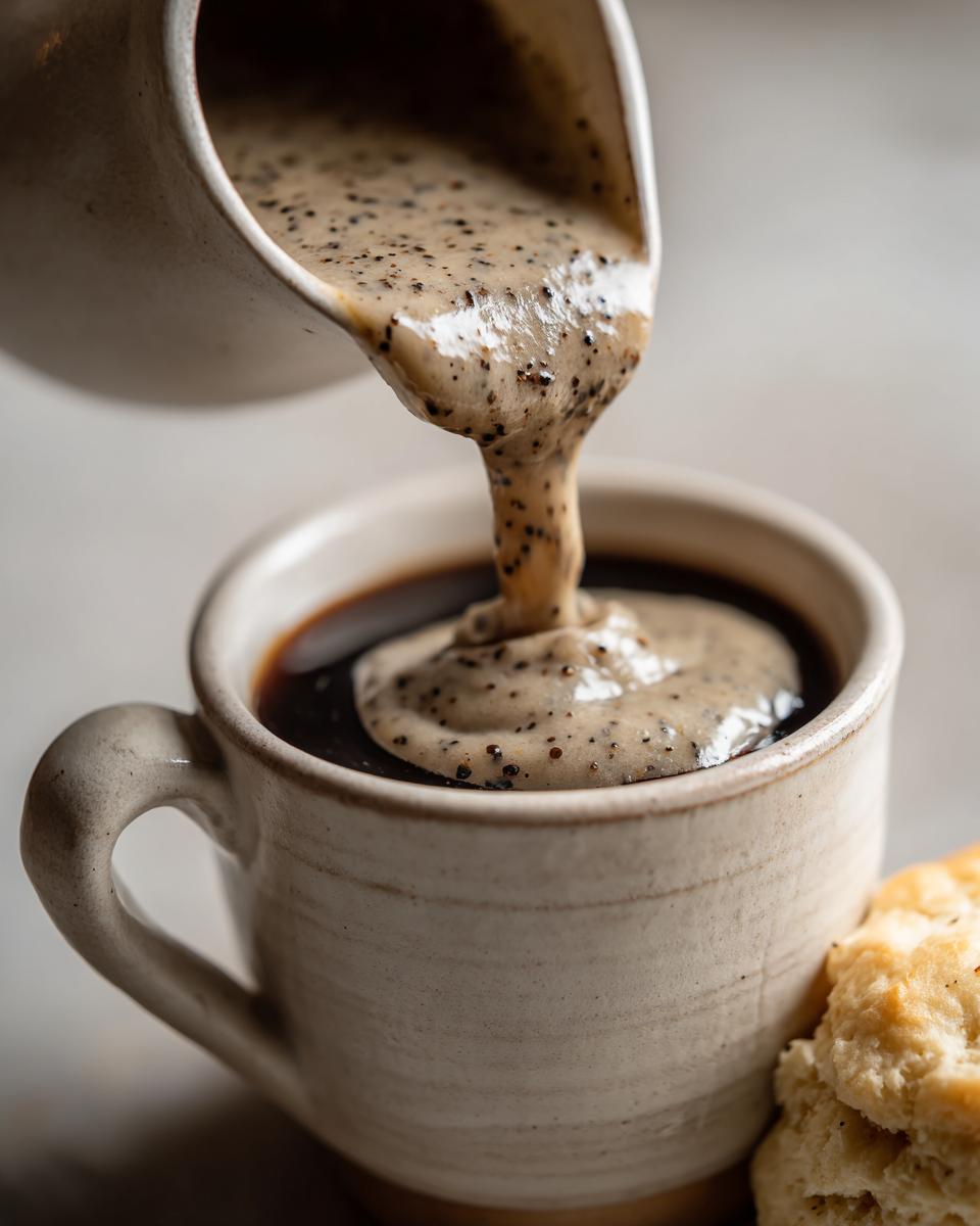 Close-up of black pepper cream gravy being poured from a pitcher into a mug of coffee, with a biscuit on the side.