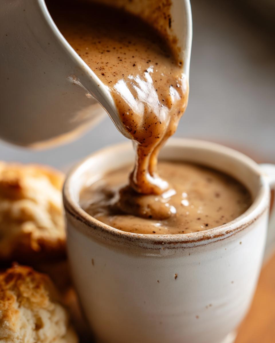 Close-up of black pepper cream gravy being poured from a pitcher into a mug, with biscuits in the background.