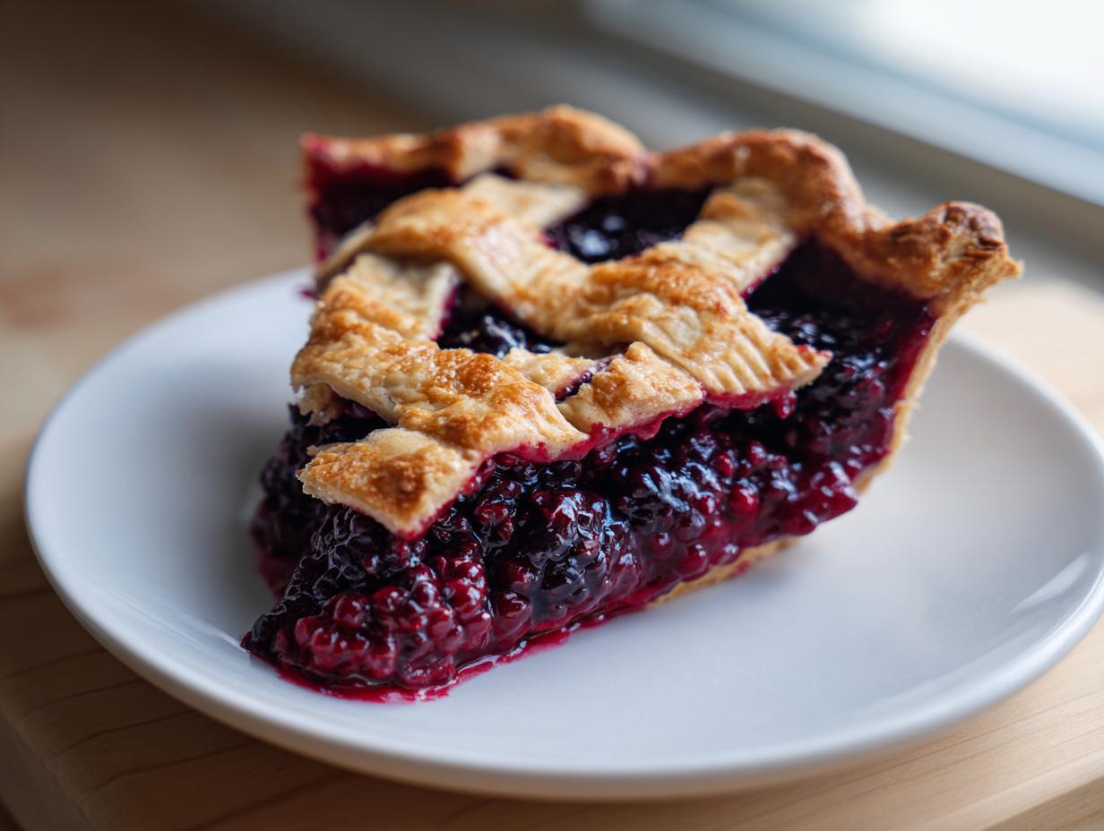 A close-up of a generous slice of blackberry pie featuring a juicy filling and a golden, flaky lattice crust.