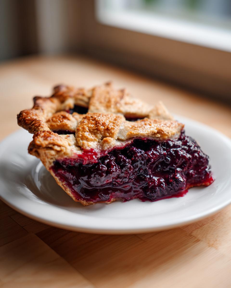 A close-up of a slice of rich blackberry pie showing juicy filling and a golden, flaky lattice crust.