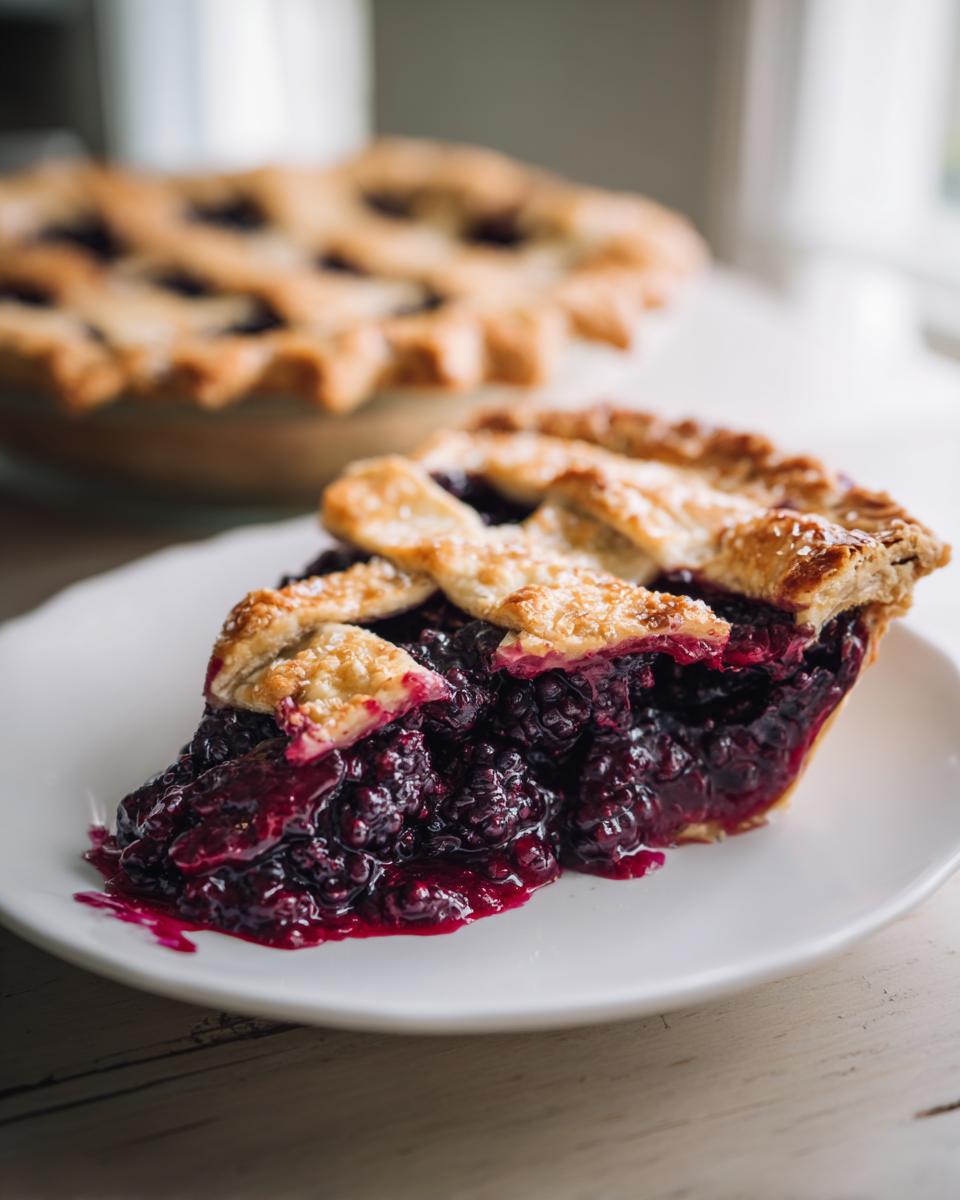 A close-up of a juicy slice of blackberry pie showing the dark filling and golden lattice crust.