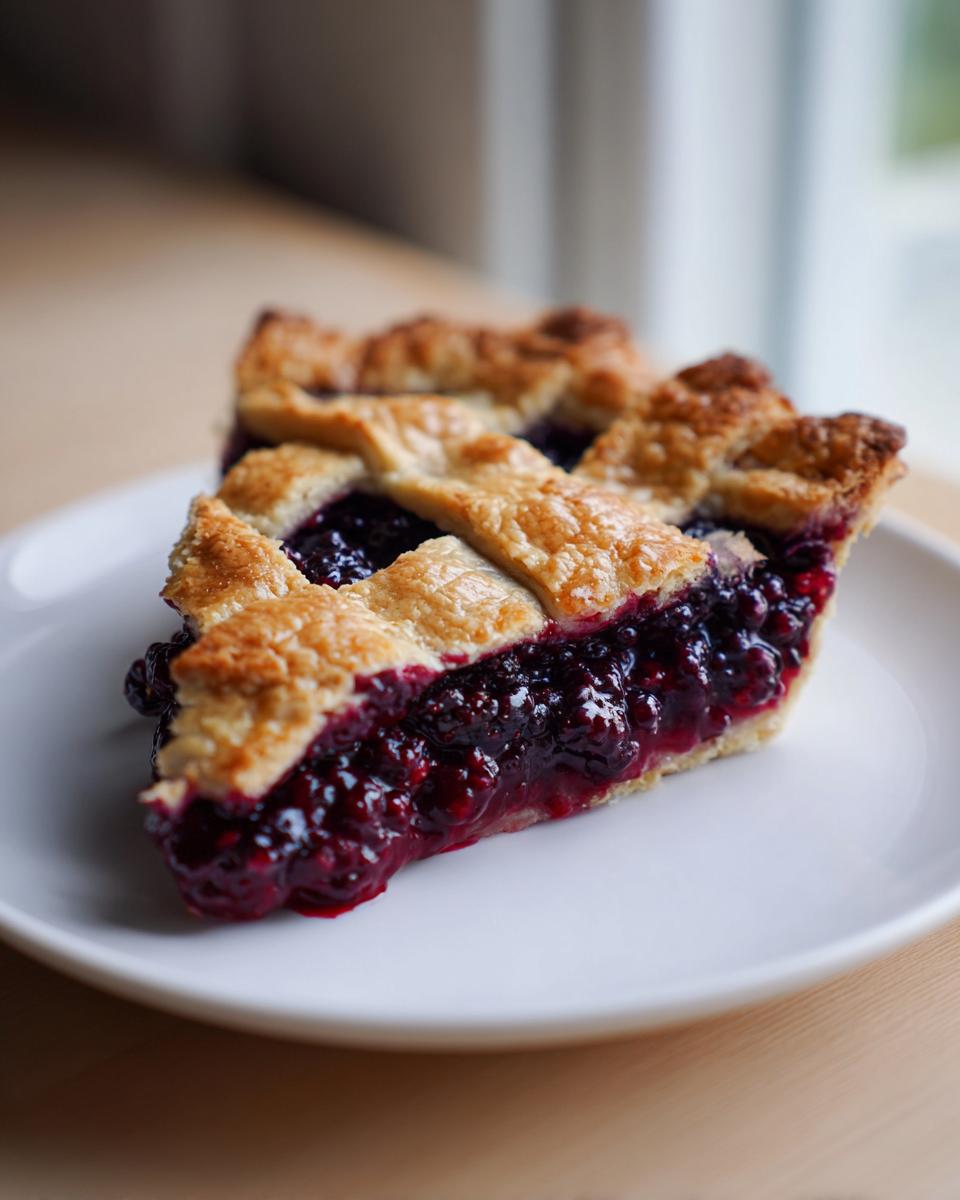 A close-up of a slice of blackberry pie showing juicy filling and a golden lattice crust.