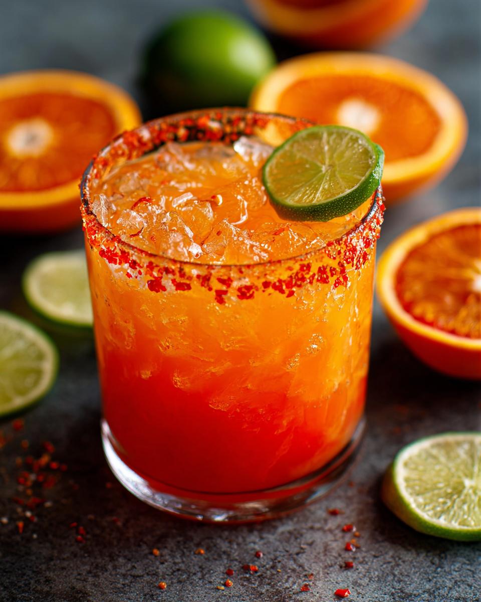 A vibrant Blood Orange Margarita cocktail in a glass, rimmed with chili salt, garnished with a lime wedge, surrounded by blood oranges and limes.