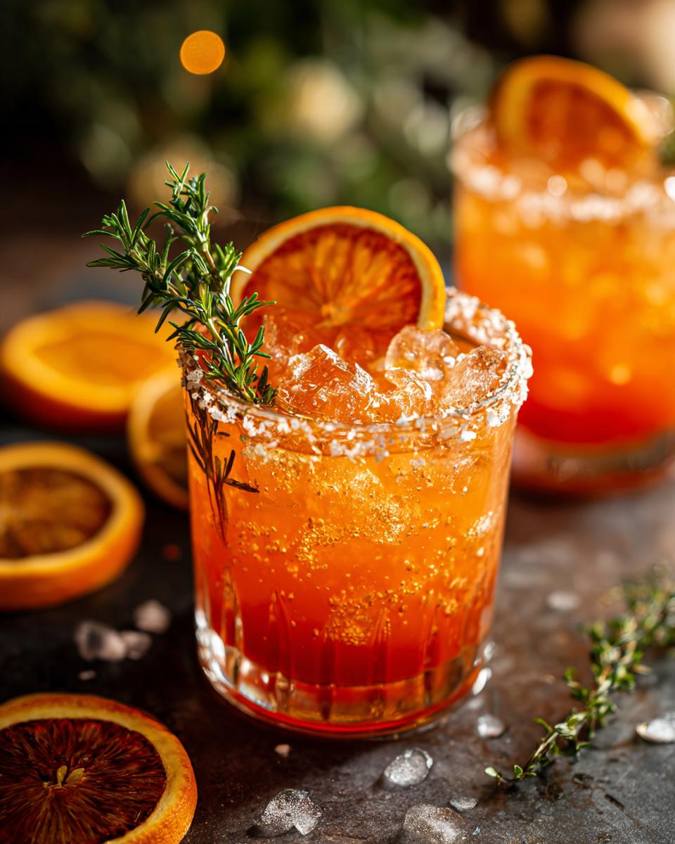 A close-up of a blood orange margarita cocktail, garnished with a blood orange slice and rosemary, served over ice with a salted rim.