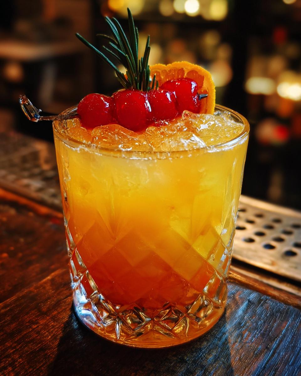 A vibrant Blood Orange Margarita served in a diamond-cut glass, garnished with cherries, an orange slice, and rosemary.