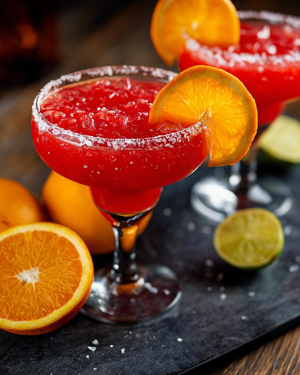 A close-up of a frosty blood orange margarita garnished with an orange slice and salt rim.