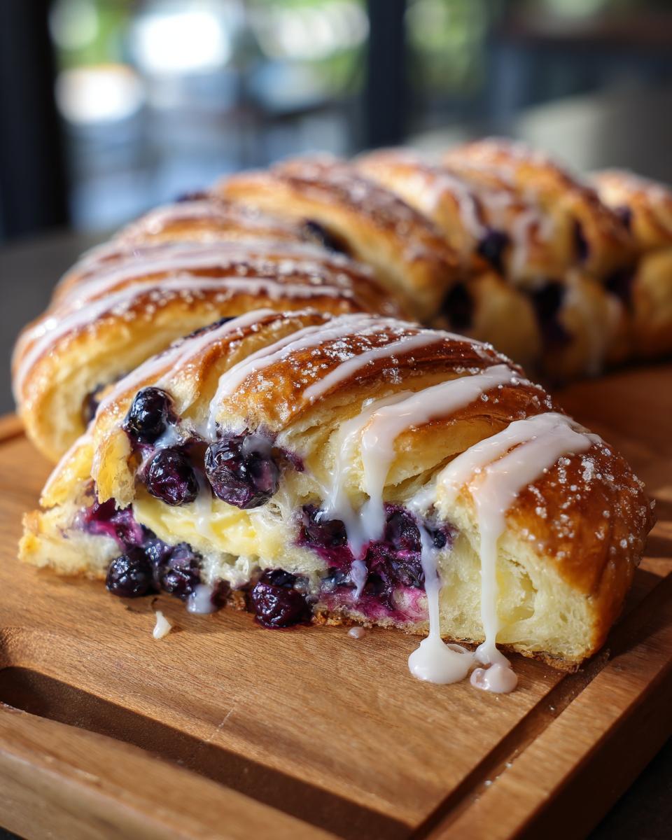 A slice of a golden-brown Blueberry Lemon Crescent Ring, drizzled with white glaze and filled with blueberries and cream.