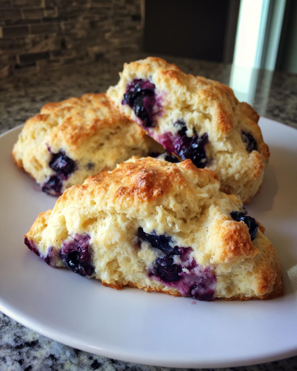 Close-up of three flaky blueberry scones on a white plate, showcasing bursting blueberries.