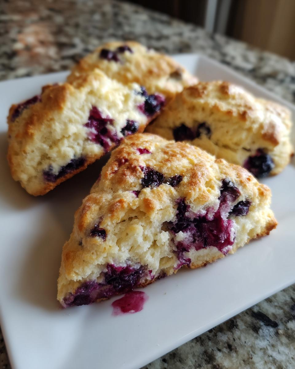 Close-up of delicious, flaky blueberry scones on a white plate, bursting with fresh blueberries.