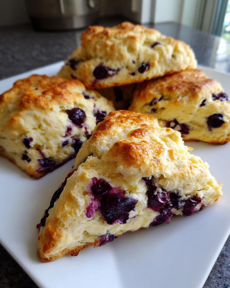 Close-up of delicious, flaky blueberry scones piled on a white plate, showcasing plump blueberries.