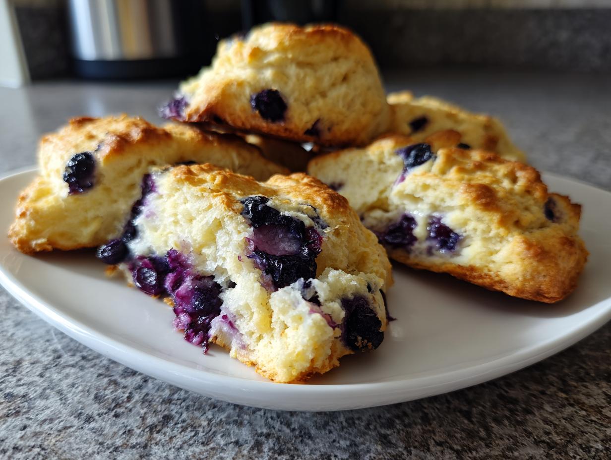 Close-up of flaky blueberry scones piled on a white plate, showcasing juicy blueberries within.