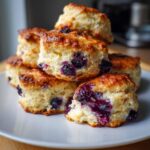 A close-up stack of golden-brown, flaky blueberry scones bursting with juicy blueberries on a white plate.