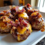 A close-up of several Bourbon Bacon Cheeseburger Meatballs topped with melted cheddar cheese and crispy bacon bits.