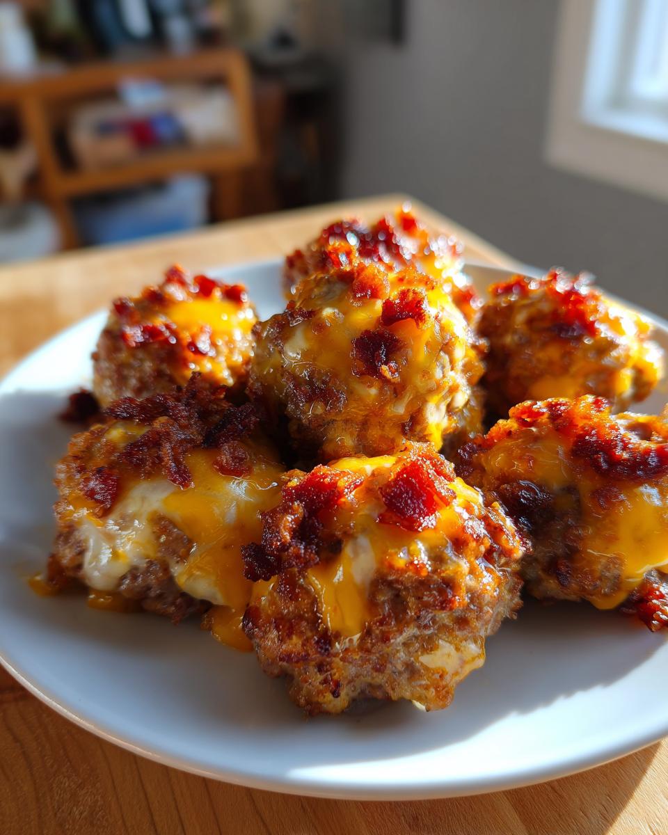 A plate of delicious Bourbon Bacon Cheeseburger Meatballs topped with melted cheese and crispy bacon.