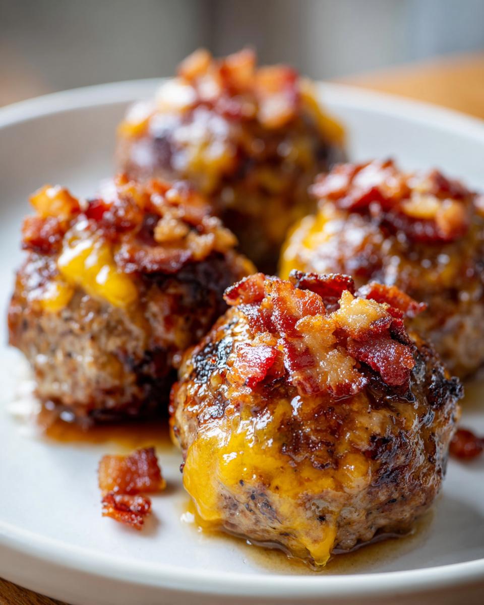 Close-up of delicious Bourbon Bacon Cheeseburger Meatballs topped with melted cheese and crispy bacon bits.