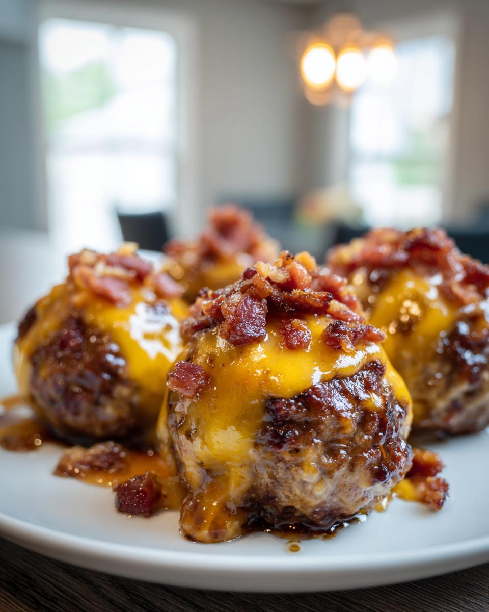 A plate of delicious Bourbon Bacon Cheeseburger Meatballs, topped with melted cheddar cheese and crispy bacon bits.