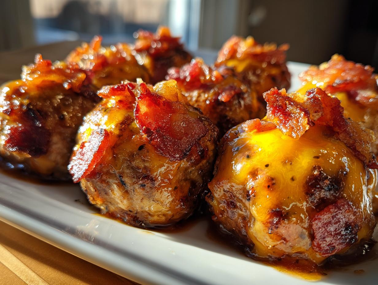 Close-up of delicious Bourbon Bacon Cheeseburger Meatballs topped with melted cheese and crispy bacon.