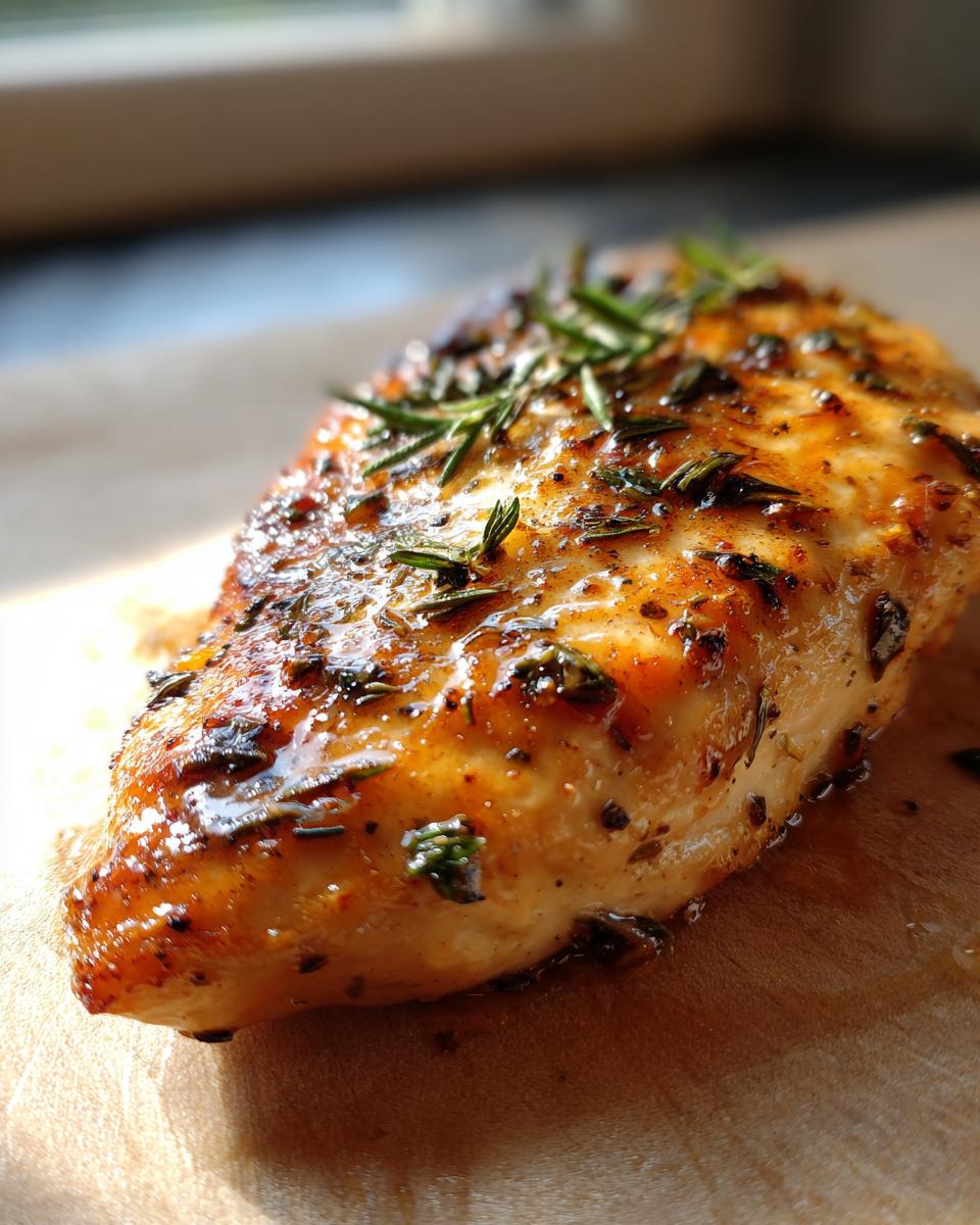 Close-up of a perfectly cooked brined herb chicken breast, glistening with juices and topped with fresh rosemary.
