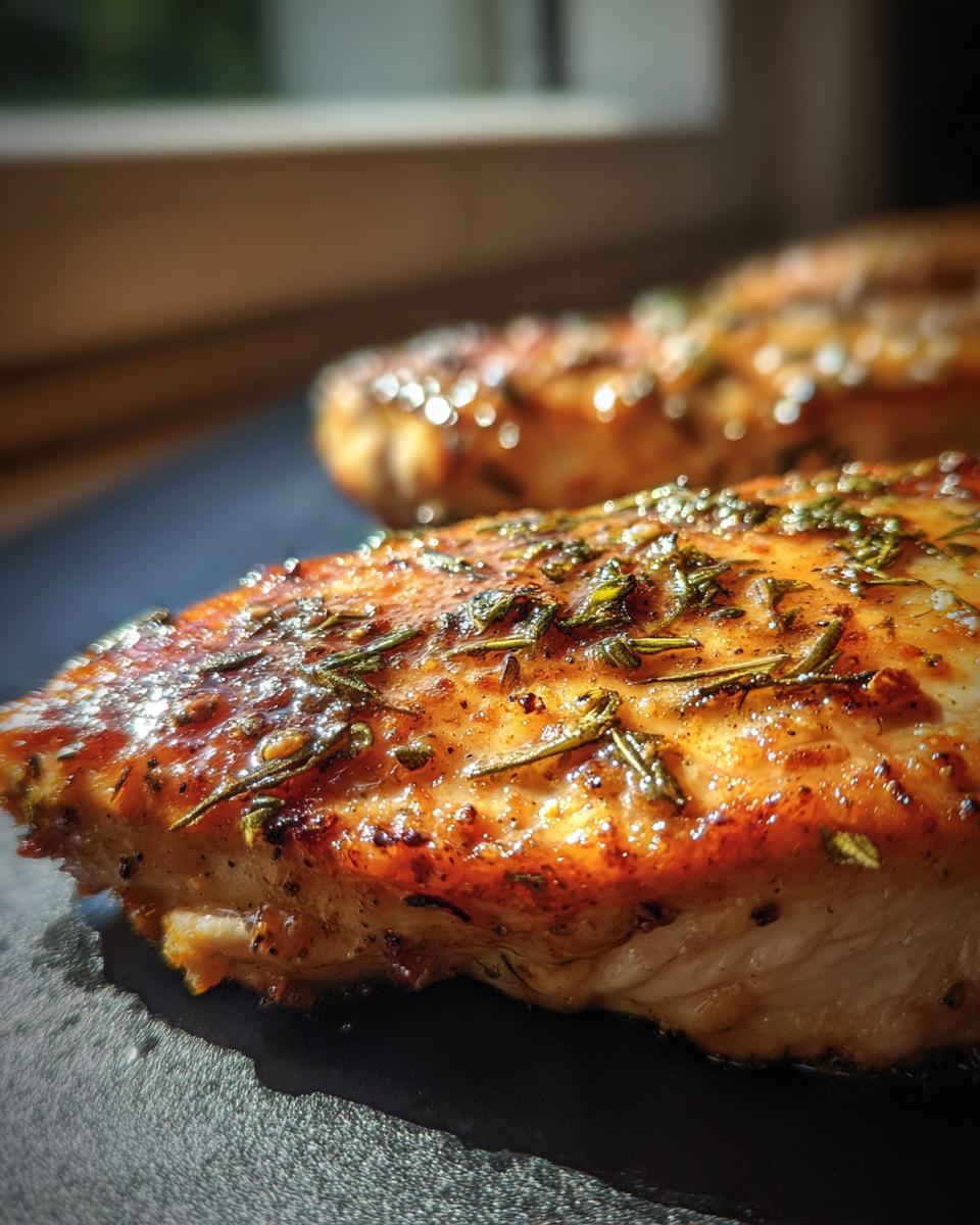 Close-up of perfectly cooked brined herb chicken breasts, glistening with juices and herbs.